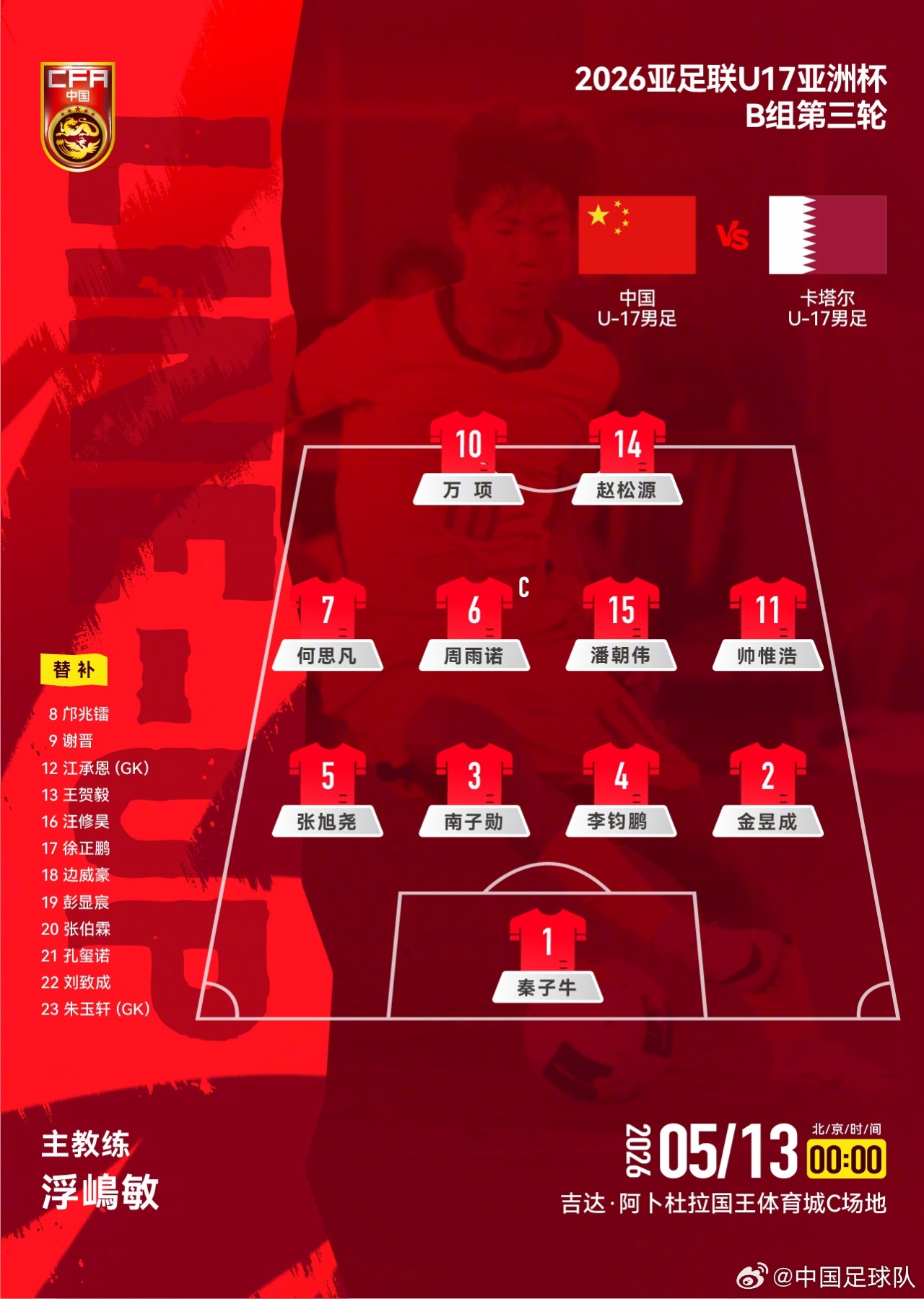 MK体育登录入口-U17亚洲杯B组第3轮 U17男足对阵卡塔尔 中国队首发公布
